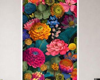 Maximalistische Blumenwandkunst, mutige Blumen-Poster-Druck, buntes Boho-botanisches Dekor, Spaß-Retro- Blumenplakat, lebendiger dunkler Hintergrund,