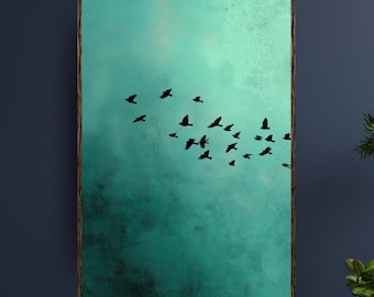 Dark Green Minimalist Birds Wall Art, Abstract Print, Large Living Room Decor, Surrealist Printed Art, Emerald Sky Art, Texture Painting