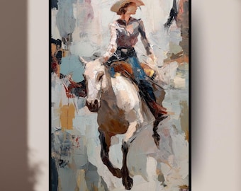Arte de pared occidental de vaquera y vaquero con caballo, impresión artística de camino rural, decoración rústica de vaquero, impresión ecuestre serena, regalo occidental