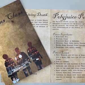 May include: A vintage-style guide to making Polyjuice Potion, a magical potion from the Harry Potter universe. The guide includes instructions for measuring ingredients like Bubotuber Pus and Mermaid Tears, and stirring the potion until it forms.