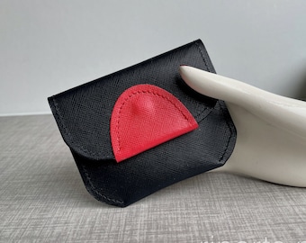 NEW Card holder / pocket wallet in black Italian Saffiano leather red decoration. Special offer / sample sale