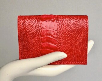 Red leather Card holder / card wallet in red genuine ostrich (leg) leather. Gift for woman. OOAK ostrich wallet