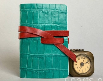 Leather travel journal / sketch book / leather notebook in green turquoise croco print leather and red leather strap.