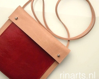 Leather cross body bag / messenger bag in natural and red veg tanned leather. Color block festival Bag.