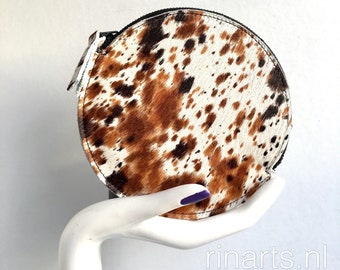 Cow hair circle zipper pouch. Brown, Black and White leather Circle bag insert. Cow hair cosmetic bag.