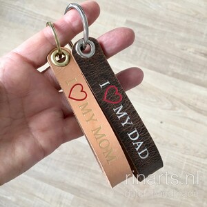 Leather keychain with hand embossed text. Love my MOM, Love my DAD. Personalised Lanyard image 4