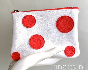 White leather purse with red polka dots / leather zipper wallet. Leather cosmetic bag.