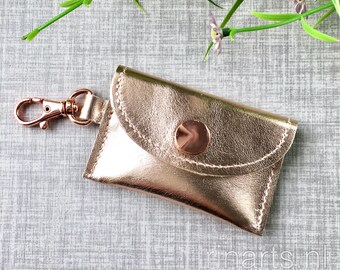 Leather coin case / envelope bag charm in rose gold metallic leather.  Luxury gift women