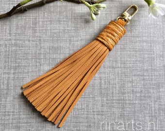 Tassel in mustard yellow leather with ostrich skin top.  Leather tassel bagcharm. Yellow tassel purse charm.