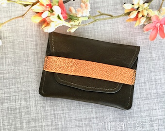 Card holder / pocket wallet in high quality dark olive green leather and orange stingray strap.