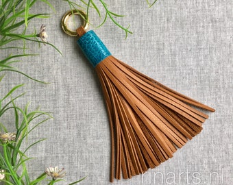 Cognac leather tassel with turquoise top. BOHO tassel bag charm.  Tassel purse charm with ostrich skin top.