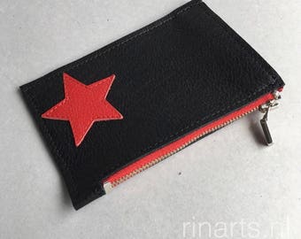 Leather wallet / small purse / card holder with STAR decoration in black Italian leather. Leather coin wallet.