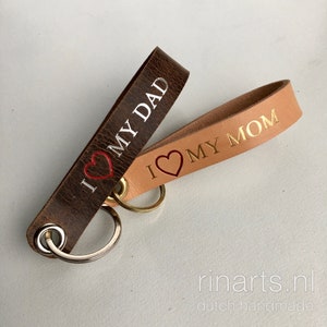 Leather keychain with hand embossed text. Love my MOM, Love my DAD. Personalised Lanyard image 1