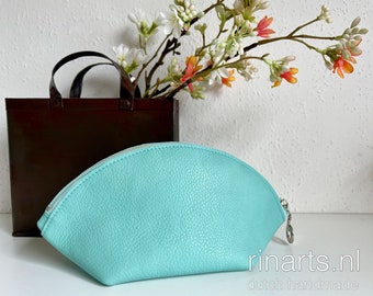 Mint green leather cosmetic bag / leather zipper pouch. Leather bag organizer. Make-up bag