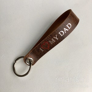 Leather keychain with hand embossed text. Love my MOM, Love my DAD. Personalised Lanyard image 3