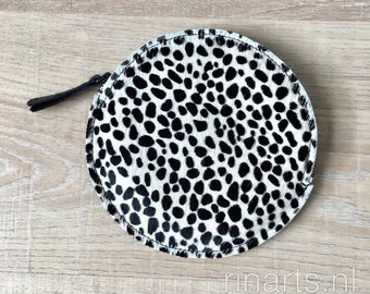 Cheetah Circle zipper pouch. Black and White leather Circle bag insert. Leather cosmetic bag.