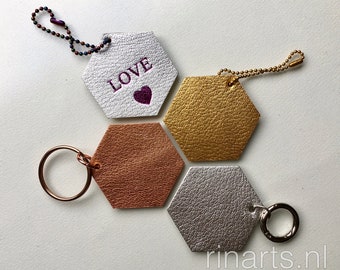 Personalized leather HEXAGON tag / monogrammed bagcharm. Personalized keychain. Luggage tag