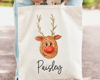 REINDEER Christmas Tote bag|Personalized Christmas bag|Canvas Tote Bag|Rudolph Christmas bag|Holiday Gift Bag|Childs Christmas Bag