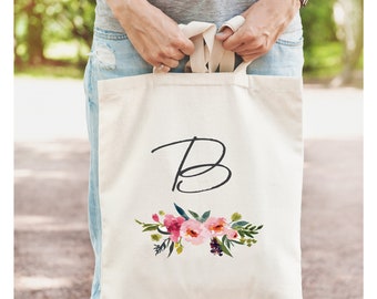 Custom Bridesmaid Tote Bag: Floral Initial, Bridal Party Gift