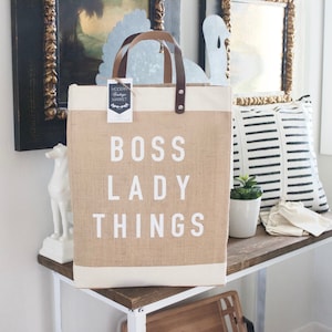 Boss Lady Jute BagBeach BagMarket ToteGift for HerMarket Tote Bag Jute Tote bag Shopping Bag Burlap BagFarmhouse BagGrocery Bag image 1