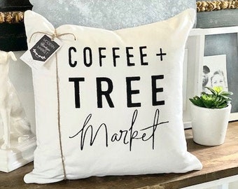 Christmas Pillow Cover Holiday Coffee and Tree Market Pillow Cover