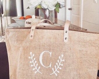 Personalized Jute Tote Bag: Monogrammed Zippered Beach Bag