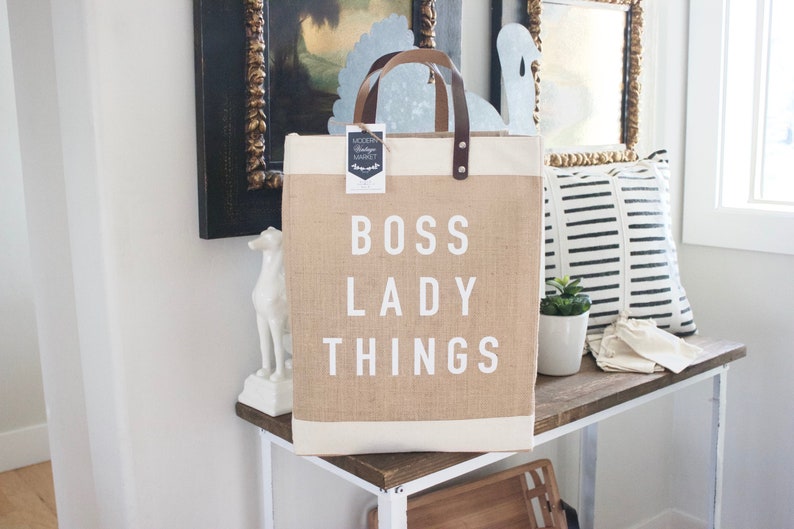 Boss Lady Jute BagBeach BagMarket ToteGift for HerMarket Tote Bag Jute Tote bag Shopping Bag Burlap BagFarmhouse BagGrocery Bag image 1