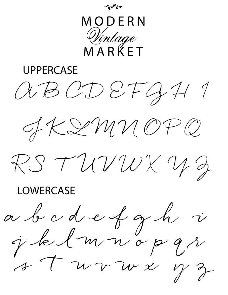 May include: A handwritten alphabet font in uppercase and lowercase letters. The font is a modern script style with a vintage feel. The text "MODERN Vintage MARKET" is at the top of the image.
