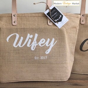 Personalized Jute Tote Bag,Beach Bag,Personalized Gift for her,Wifey Bag,Bridesmaid Totes,Bridesmaid Gifts,Monogram tote Bag,Burlap Bag,Wife image 2