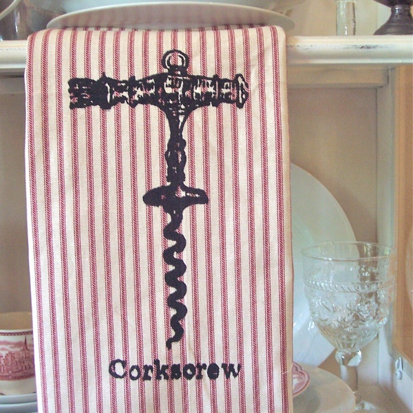 Kitchen Towel Dish Towel -Red Stripes Corkscrew -Dish Cloth Wine Wrap