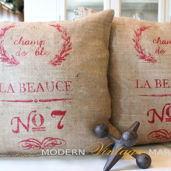 1 Burlap Pillow ,18 x 18 ,Custom Pillows,French Grainsack Pillows , Custom Pillows, Modern Vintage Market