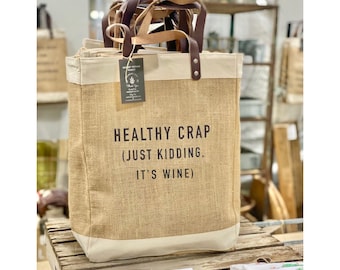 Healthy Crap|Quote Jute Bags|IT'S WINE|Organic Food|Beach Bag|Market Bag|Jute Tote bag|Shopping Bag|Burlap Bag|Farmhouse Bag|Grocery Bag