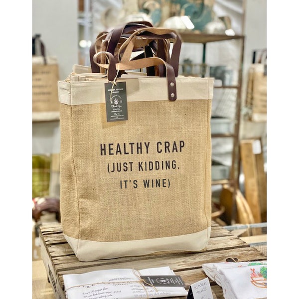 Healthy Crap|Quote Jute Bags|IT'S WINE|Organic Food|Beach Bag|Market Bag|Jute Tote bag|Shopping Bag|Burlap Bag|Farmhouse Bag|Grocery Bag