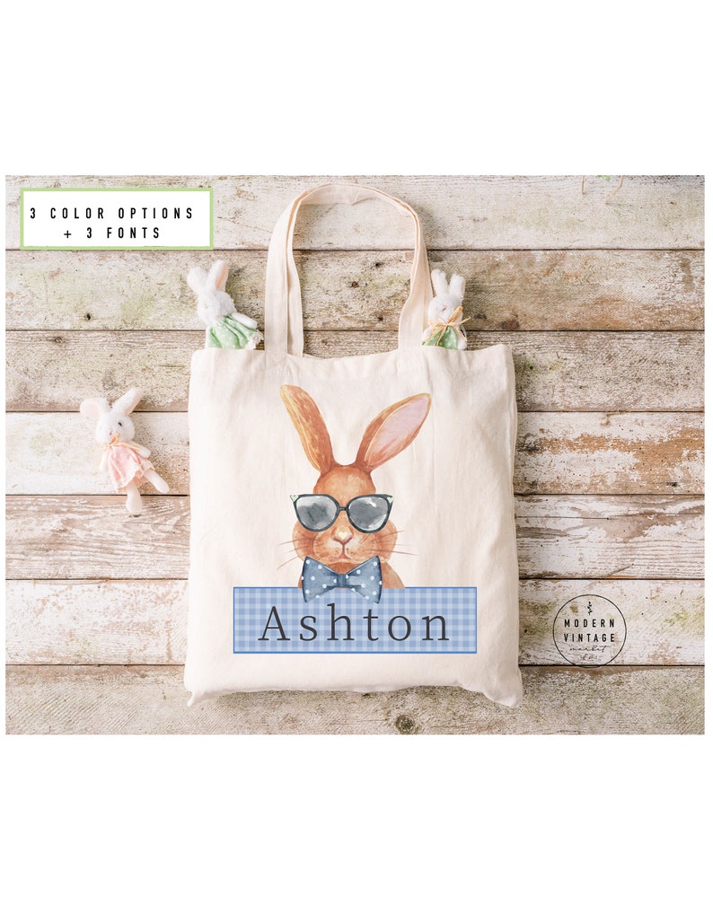 Personalized Easter Basket Tote Bag Easter Gift IdeasEaster Bunny Bags Easter Tote Bag Girls Easter Bag Boys Easter BagBunny ToteBLUE image 3