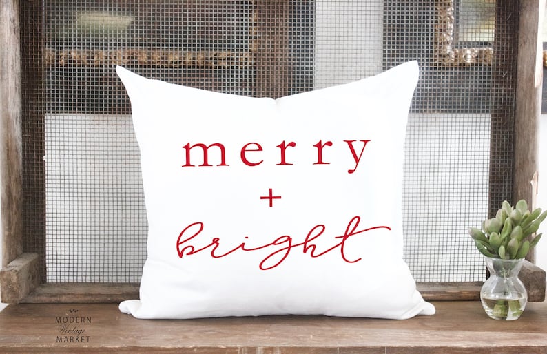 Christmas Pillow Cover Holiday Merry and Bright Pillow Cover Etsy