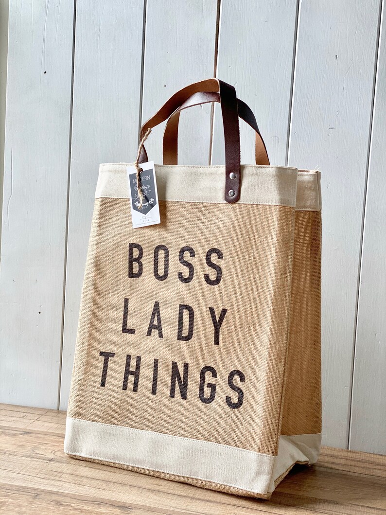 Boss Lady Jute BagBeach BagMarket ToteGift for HerMarket Tote Bag Jute Tote bag Shopping Bag Burlap BagFarmhouse BagGrocery Bag image 2