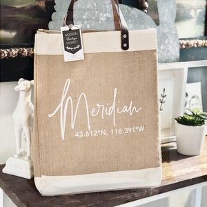 City Coordinates Custom Jute Tote Bag |Personalized Gift |Custom Market Bag |Apolis Style Bag