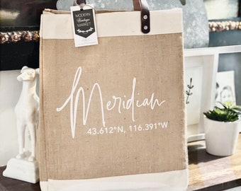 City Coordinates Custom Jute Tote Bag |Personalized Gift |Custom Market Bag |Apolis Style Bag