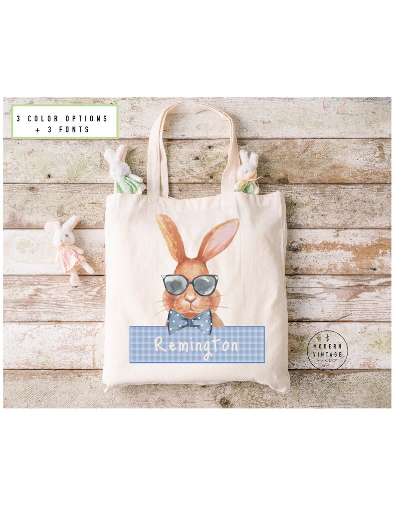 Personalized Easter Basket Tote Bag Easter Gift IdeasEaster Bunny Bags Easter Tote Bag Girls Easter Bag Boys Easter BagBunny ToteBLUE image 2
