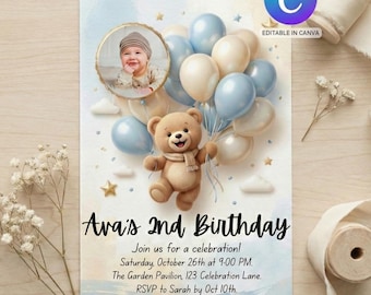 Teddy Bear Birthday Invitation | Blue Balloons, Photo or No Photo (Canva Template)