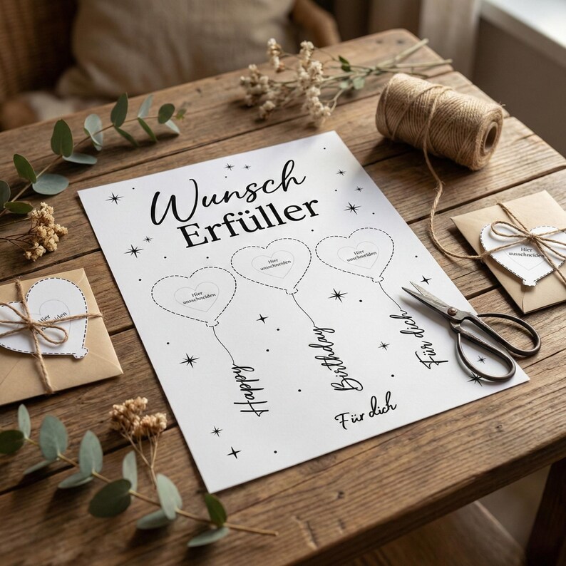May include: A white paper with black text and heart-shaped balloon designs. The text reads "Wunsch Erf&uuml;ller", "Happy", "Birthday", and "F&uuml;r dich". Scissors, twine, and small envelopes are on a wooden surface.