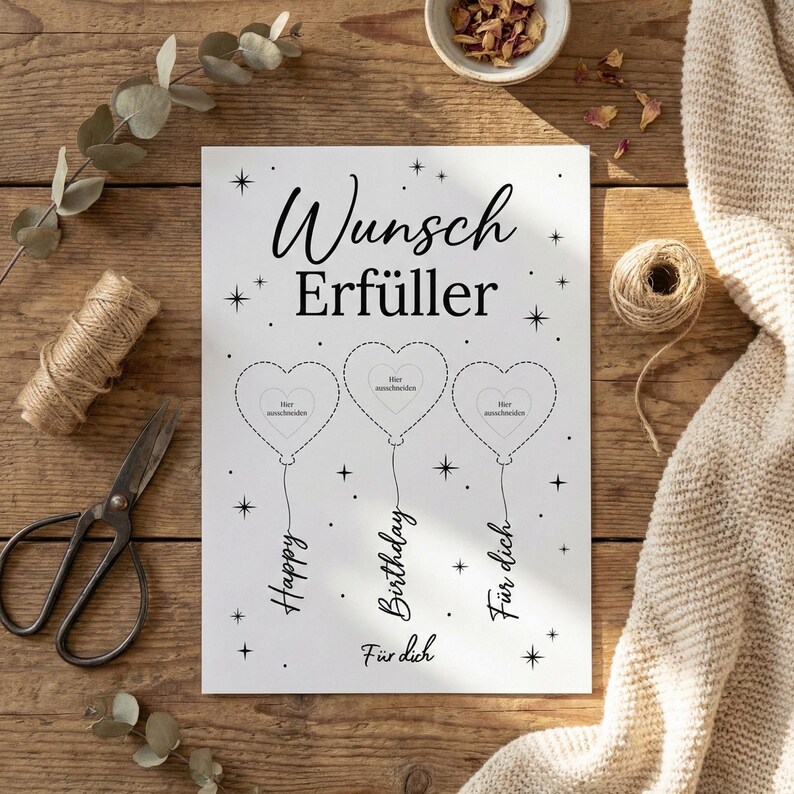 May include: A white card with black text and illustrations. The card reads "Wunsch Erf&uuml;ller" and features three heart-shaped balloons with the words "Happy", "Birthday", and "F&uuml;r dich" below them. The card is on a wooden surface.