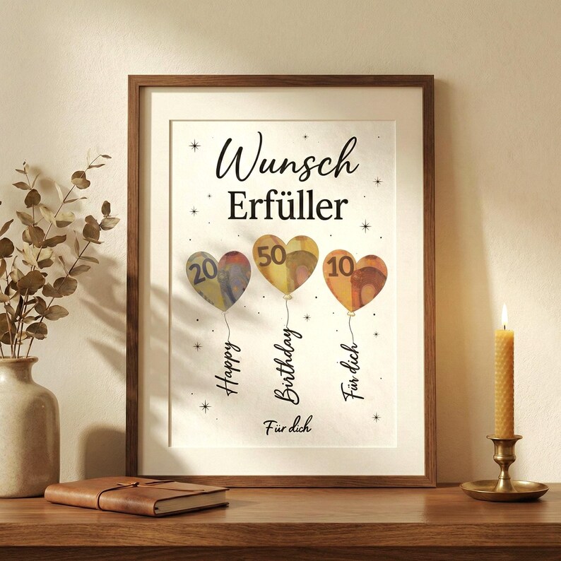 May include: A framed print featuring the words "Wunsch Erf&uuml;ller" and heart-shaped balloons with the numbers 20, 50, and 10. The balloons have the words "Happy", "Birthday", and "F&uuml;r dich" written below. The print is in a brown frame.