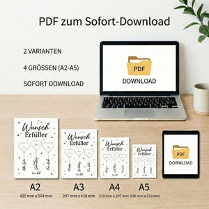 May include: A digital download product display. A laptop and tablet show a PDF download icon. Several printed cards with heart-shaped balloons and the text "Wunsch Erf&uuml;ller" are arranged in different sizes, from A2 to A5, with measurements in millimeters.