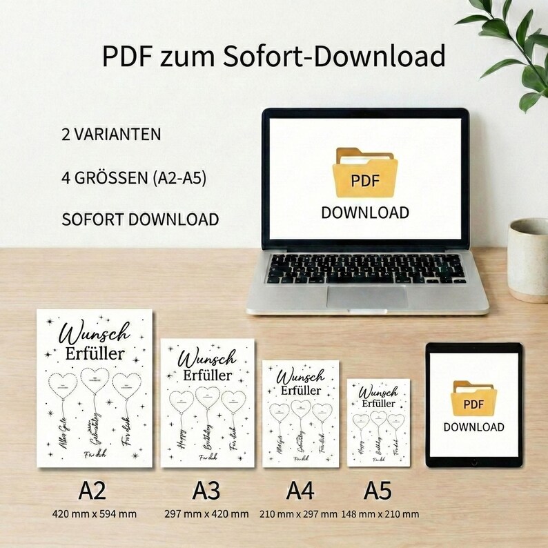 May include: A digital download product display. A laptop and tablet show a PDF download icon. Several printed cards with heart-shaped balloons and the text "Wunsch Erf&uuml;ller" are arranged in different sizes, from A2 to A5, with measurements in millimeters.