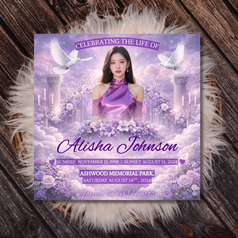 Puede incluir: Tarjeta conmemorativa con una mujer en vestido morado, rodeada de flores y palomas. El texto dice "Celebrando la vida de Alisha Johnson" con fechas y detalles del lugar. Fondo nublado.