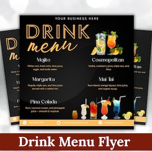 May include: A black drink menu flyer with the words "DRINK menu" in gold. The menu lists cocktails like Mojito, Margarita, Cosmopolitan, Mai Tai, and Pina Colada. Drink images and ingredients are also shown.