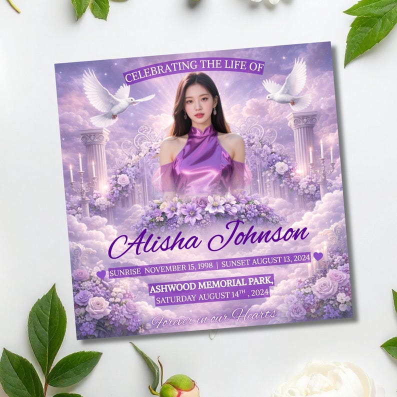 Puede incluir: Tarjeta conmemorativa con un retrato de una mujer con un top morado, rodeada de flores y nubes. El texto dice "Celebrando la vida de Alisha Johnson" con fechas y detalles del lugar. Se muestran dos palomas.