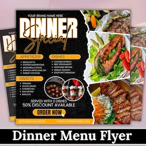 Può includere: Un volantino del menu della cena nero e oro con la scritta "Dinner Special". Il volantino elenca antipasti, piatti e dolci, insieme a immagini di cibo. Il volantino include anche il testo "Order Now".