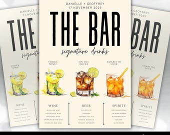 Plantilla editable de Canva para menú de cócteles de boda, cartel de barra de bebidas exclusivas para la recepción, lista de bebidas para los novios, descarga digital imprimible.